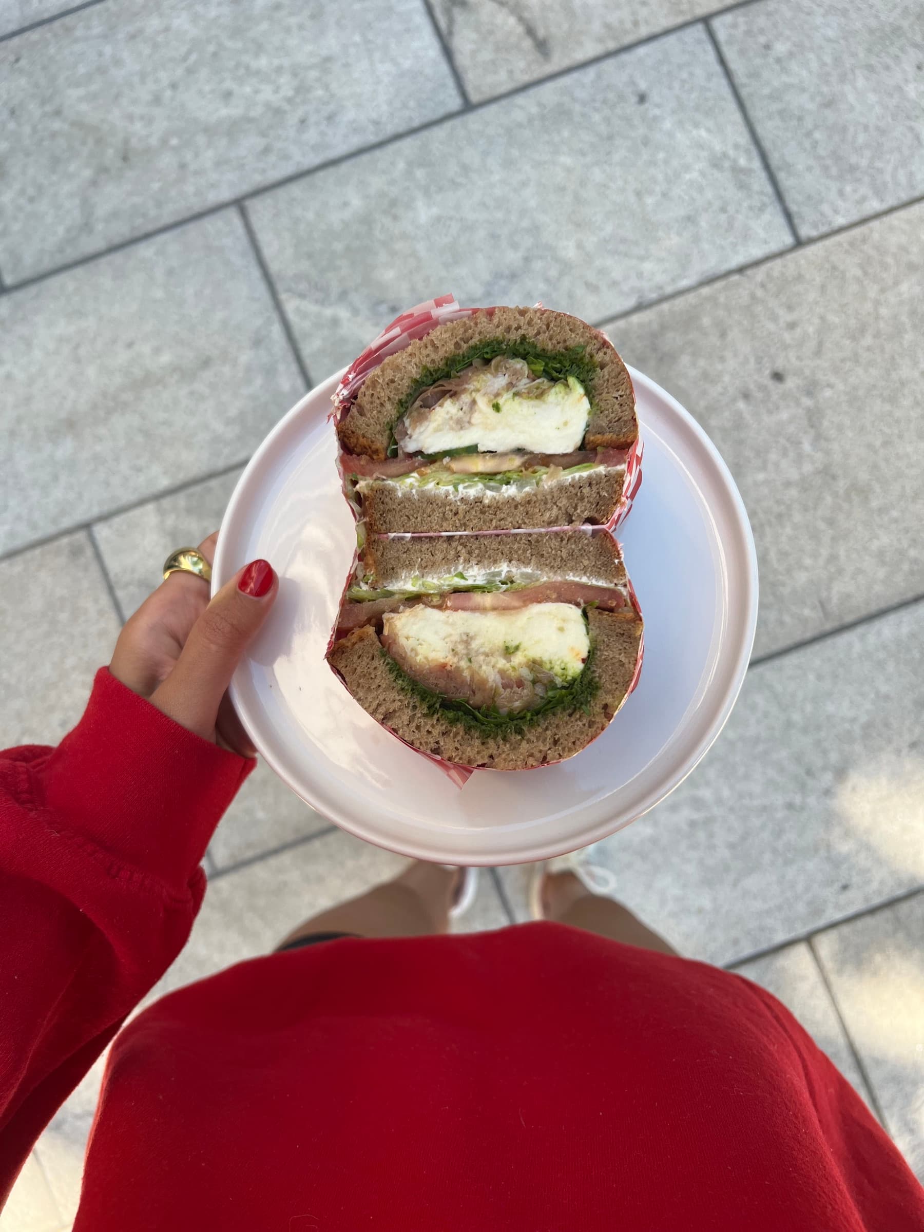 Hand hält einen Teller mit Sandwich